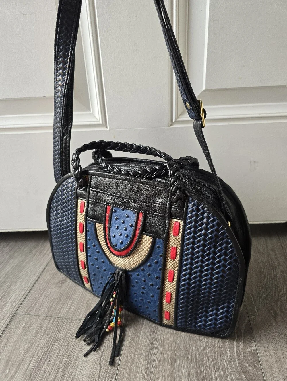 D'Onofrio Leather Handmade Boho Satchel Bag Blue Basketweave Ostrich Tassel USA
